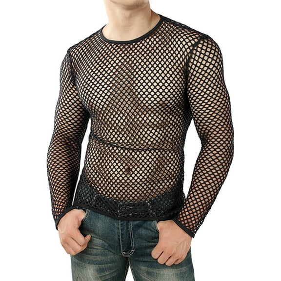 Men's Mesh Hollow-out Tee Shirts Long Sleeve Breathable See Through Tops Pullover