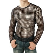 Mens Mesh Hollow-out Tee Shirts Long Sleeve Breathable See Through Tops Pullover