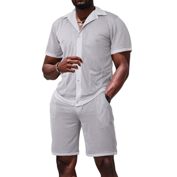 Men's Mesh See Through Shirts Hollow Out Mid Set 2 Piece Shirt Shorts Outfit for Casual Light Gray XL