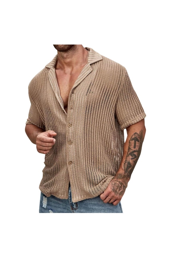 Men's Mesh See-Through Short Sleeve Button Shirt Beach Vacation Shirt Party Knit Breathable Top