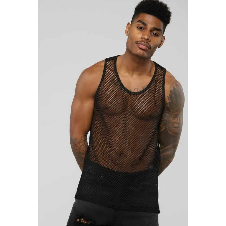 Vera Natura Men's Mesh Sheer Fishnet Gym Muscle Tank Top Fitted Clubwear Undershirt Men Newest Tank Tops, Size: Large, Black