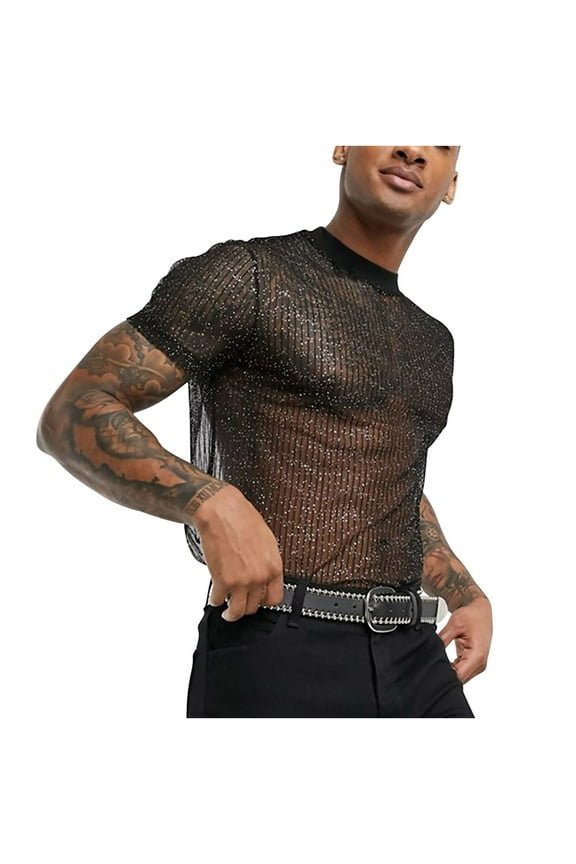 Men's Mesh T-Shirt Sexy See Through Y2K Crop Tops Summer Casual Short Sleeve Solid Colour Tees Crew Neck Blouses Undershirts Thin Breathable Tight for Party Clubwear