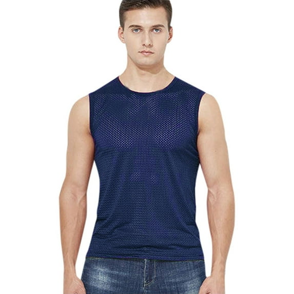 Men's Mesh Vest - Hollow Ice Silk Sleeveless Shirt - 95% Polyester 5% Spandex, Slim Fit, Ideal for Gym, Workout, and Casual Summer Wear