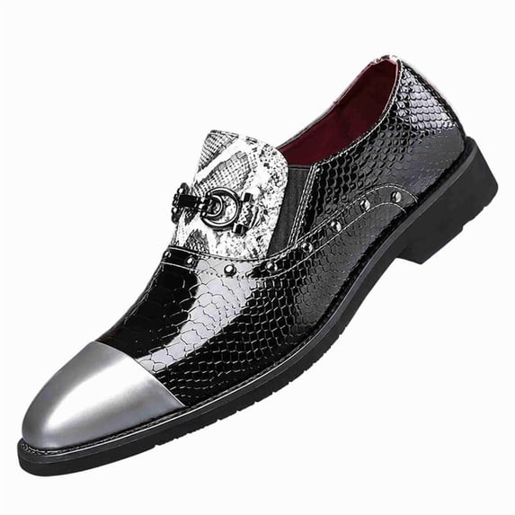 Men’s Metal Cap-Toe Slip-On Dress Loafers, Snake Print Patent Leather Casual Shoes with Metal Buckle, Fashion Party & Club Oxford Shoes for Men