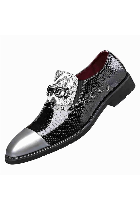 Men’s Metal Cap-Toe Slip-On Dress Loafers, Snake Print Patent Leather Casual Shoes with Metal Buckle, Fashion Party & Club Oxford Shoes for Men