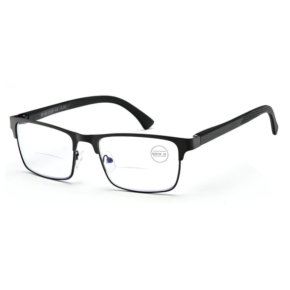 Men's Metal Rectangular Bifocal Reading Glasses – Modern Anti-Blue Light Blocking + UV Protection Clear Readers +1.75