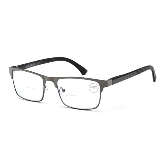 Men's Metal Rectangular Bifocal Reading Glasses – Modern Anti-Blue Light Blocking + UV Protection Clear Readers +2.00