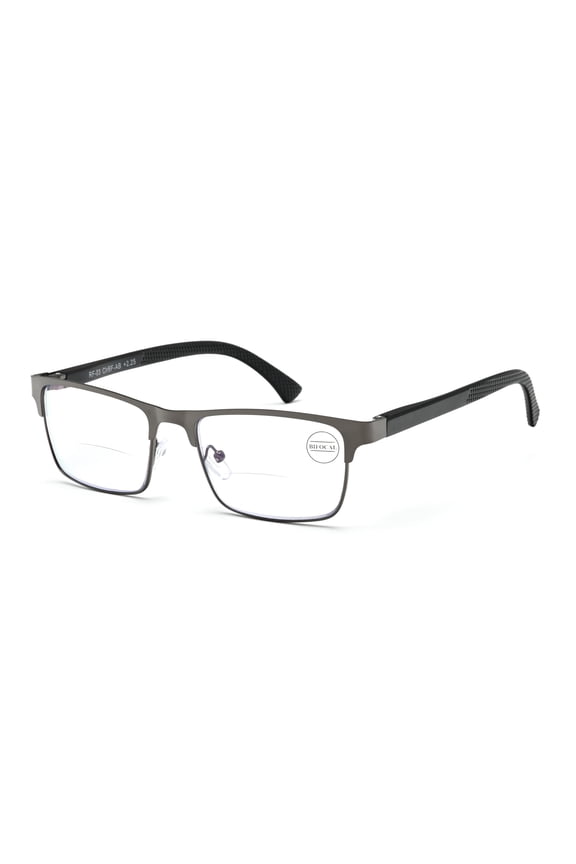 Men's Metal Rectangular Bifocal Reading Glasses – Modern Anti-Blue Light Blocking + UV Protection Clear Readers +2.00