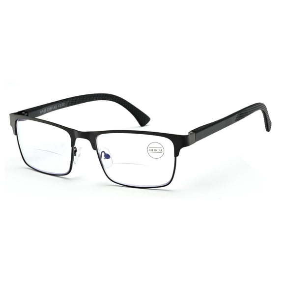 Men's Metal Rectangular Bifocal Reading Glasses – Modern Anti-Blue Light Blocking + UV Protection Clear Readers +2.50