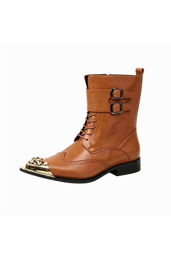 Men's Metal Toe Ankle Boots, Fashion Croc-Embossed Leather Booties with Double Buckle Straps, Lace-Up Side Zipper Western Boots