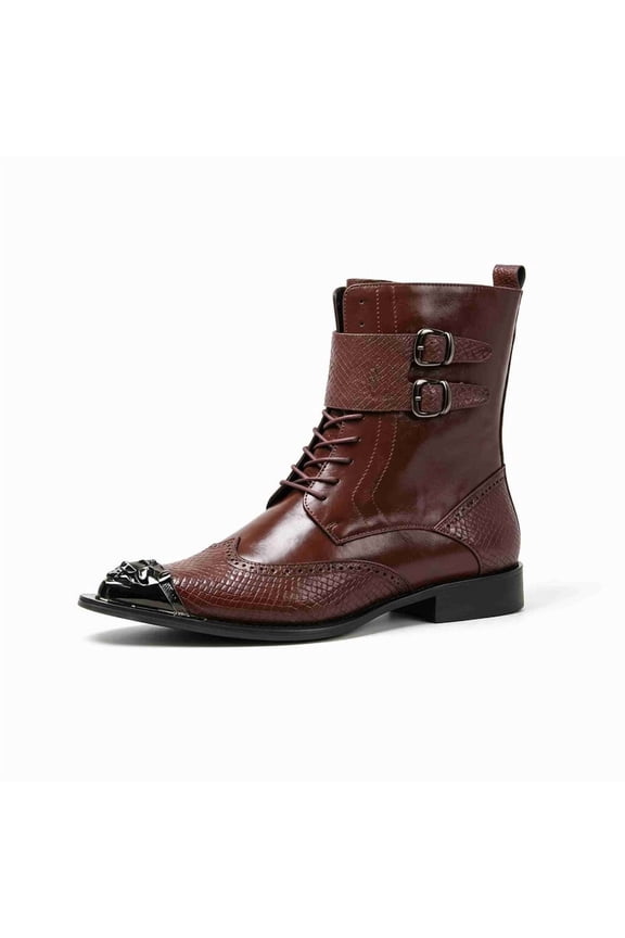 Men's Metal Toe Ankle Boots, Fashion Croc-Embossed Leather Booties with Double Buckle Straps, Lace-Up Side Zipper Western Boots