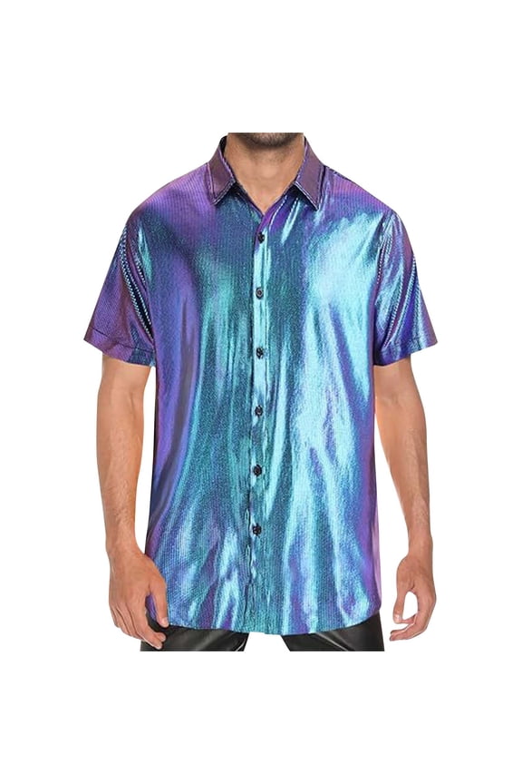 Men's Metallic Button Down Shirt Short Sleeve Collared Glitter Top 70s Disco Outfits Sparkly Holographic Shiny Shirts
