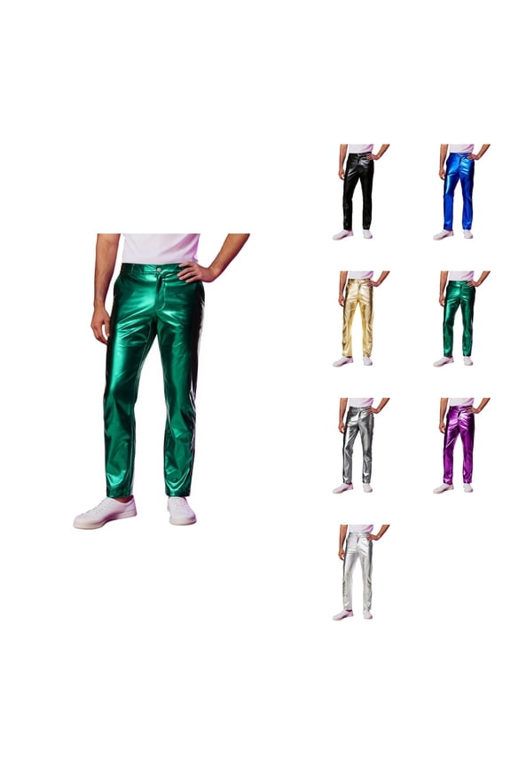 Men's Metallic Disco Pants, Shiny Straight Leg Casual Trousers for Party Dance Club Night Out, 70s 80s 90s Retro Style, Comfortable Fit