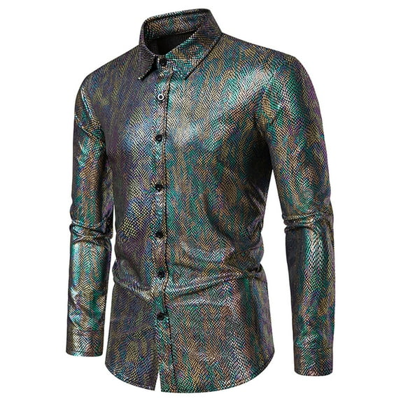 Men's Metallic-Disco Shirts Shiny Slim Fit Long Sleeve Button Down Collar T Shirt Trendy Solid Nightclub Party Christmas Tops