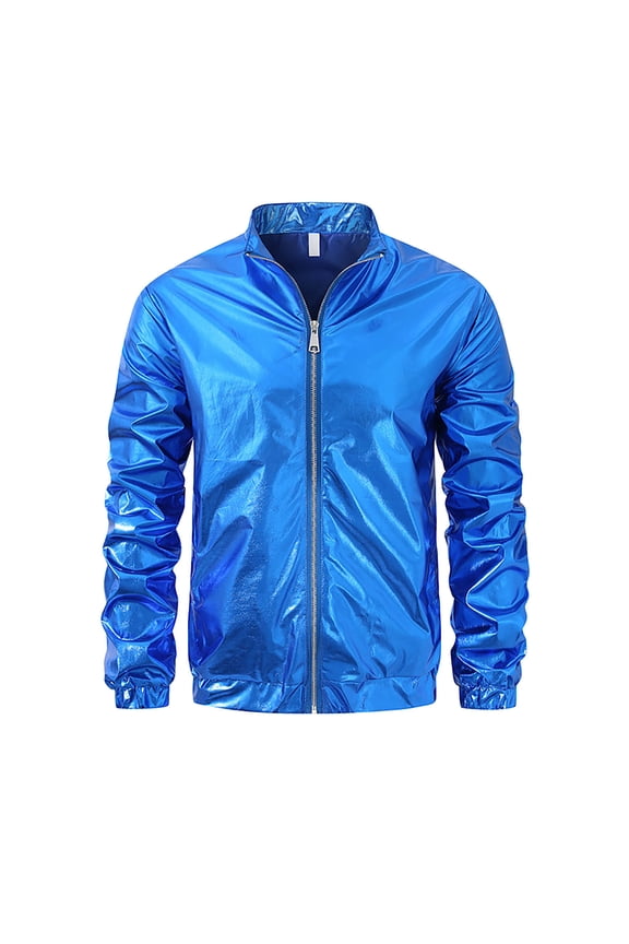 Men's Metallic Jacket 70s 80s Disco Party Varsity Bomber Coat Full Zip-up Long Sleeve Baseball Outerwear (XL, Blue)