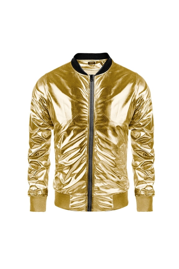 Men's Metallic Jacket 70s Disco Party Jacket Baseball Bomber (Gold M)