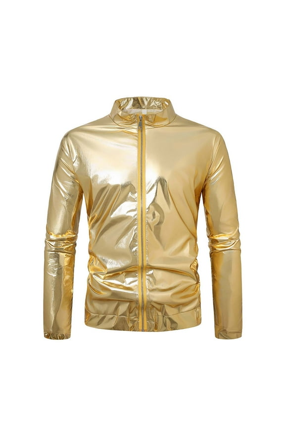 Men's Metallic Jacket 70s Disco Party Varsity Jacket Zip-up Baseball Bomber Gold M