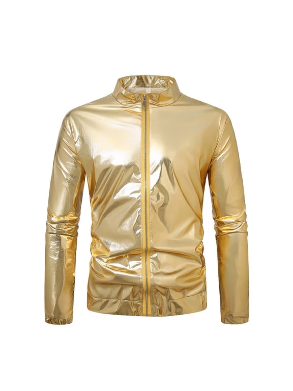 Men's Metallic Jacket 70s Disco Party Varsity Jacket Zip-up Baseball Bomber Gold XXXL