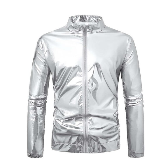 Men's Metallic Jacket 70s Disco Party Varsity Jacket Zip-up Baseball Bomber Silver XL