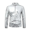 thumbnail image 1 of Men's Metallic Jacket 70s Disco Party Varsity Jacket Zip-up Baseball Bomber Silver XXXXL, 1 of 5