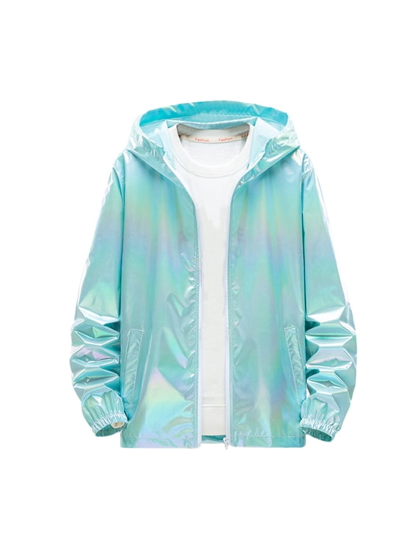 Men's Metallic Jacket Holographic Lightweight Shiny Hooded Zip Up Jackets Thin Hoodie Coat Party Club Shiny Coat