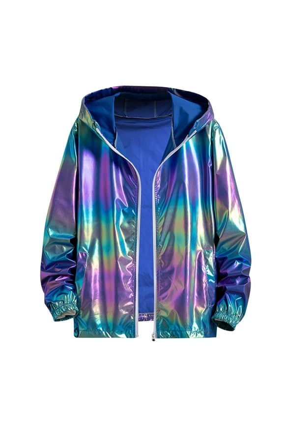 Men's Metallic Jacket Lightweight Zip Up Holographic Shiny Hooded Jackets