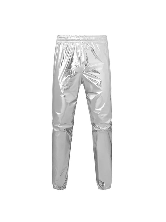 Men's Metallic Shiny Jogger Pants Sequin Party Night Club Disco Costume Trousers Elastic Waist Sweatpants (M, Silver)