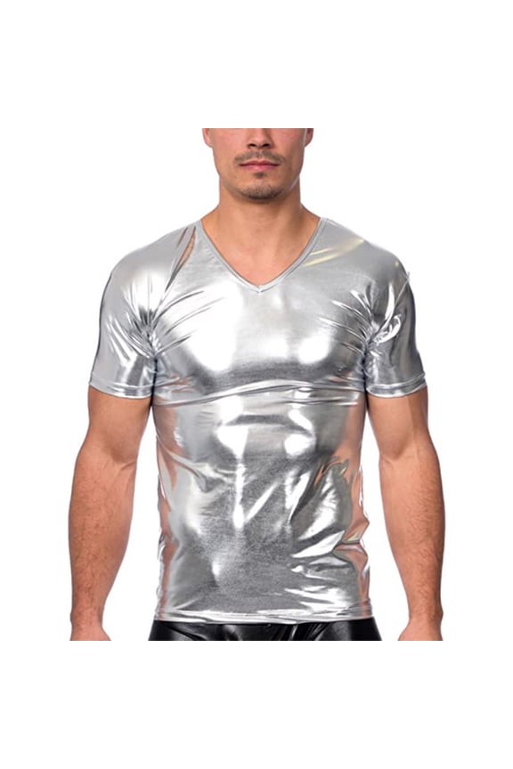 Men's Metallic Shiny Shirts V Neck Short Sleeve Sparkly Disco Rave Hot Tops Nightclub Glitter T-Shirt Size 3XL Silver