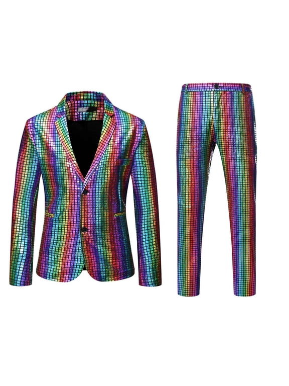 Men's Metallic Shiny Suits Disco Sequin Blazer and Pants 2 Piece Sets Rainbow Suit Sequin Halloween Party Prom Costume