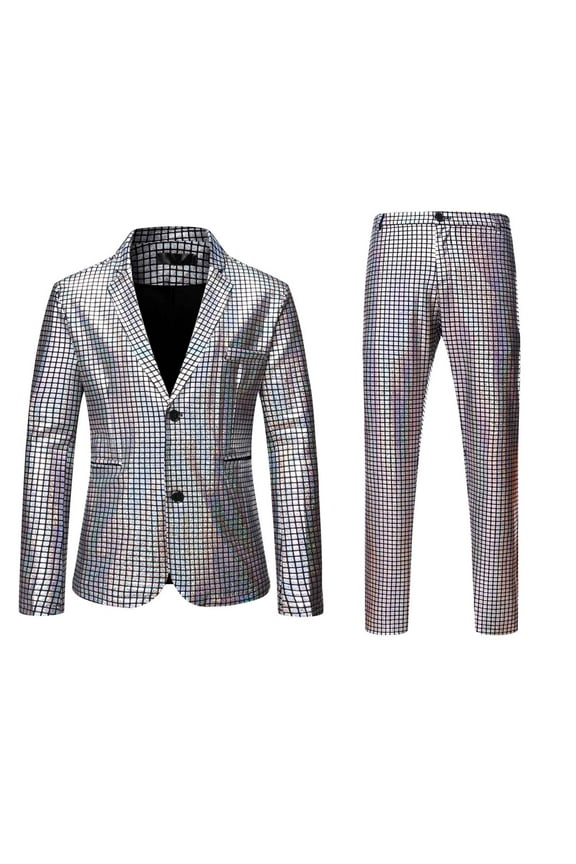 Men's Metallic Shiny Suits Disco Sequin Blazer and Pants 2 Piece Sets Rainbow Suit Sequin Halloween Party Prom Costume