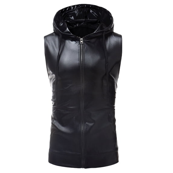 Men's Metallic Shirt 70s 80s Men Disco Outfit Metallic Hooded Tank Tops Hoodie for Disco Party Black
