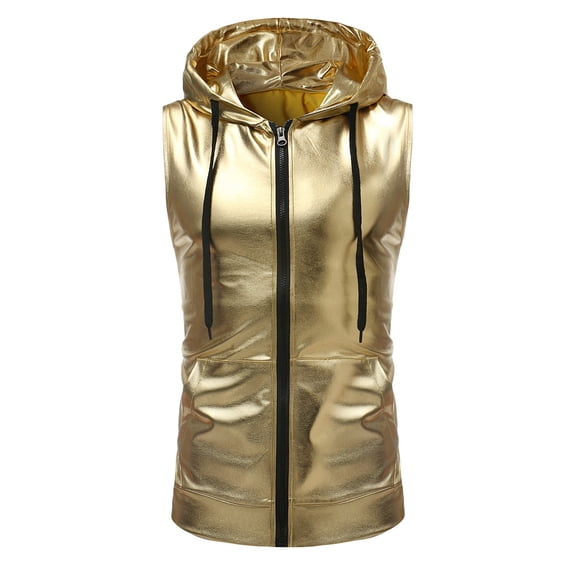 Men's Metallic Shirt 70s 80s Men Disco Outfit Metallic Hooded Tank Tops Hoodie for Disco Party Gold