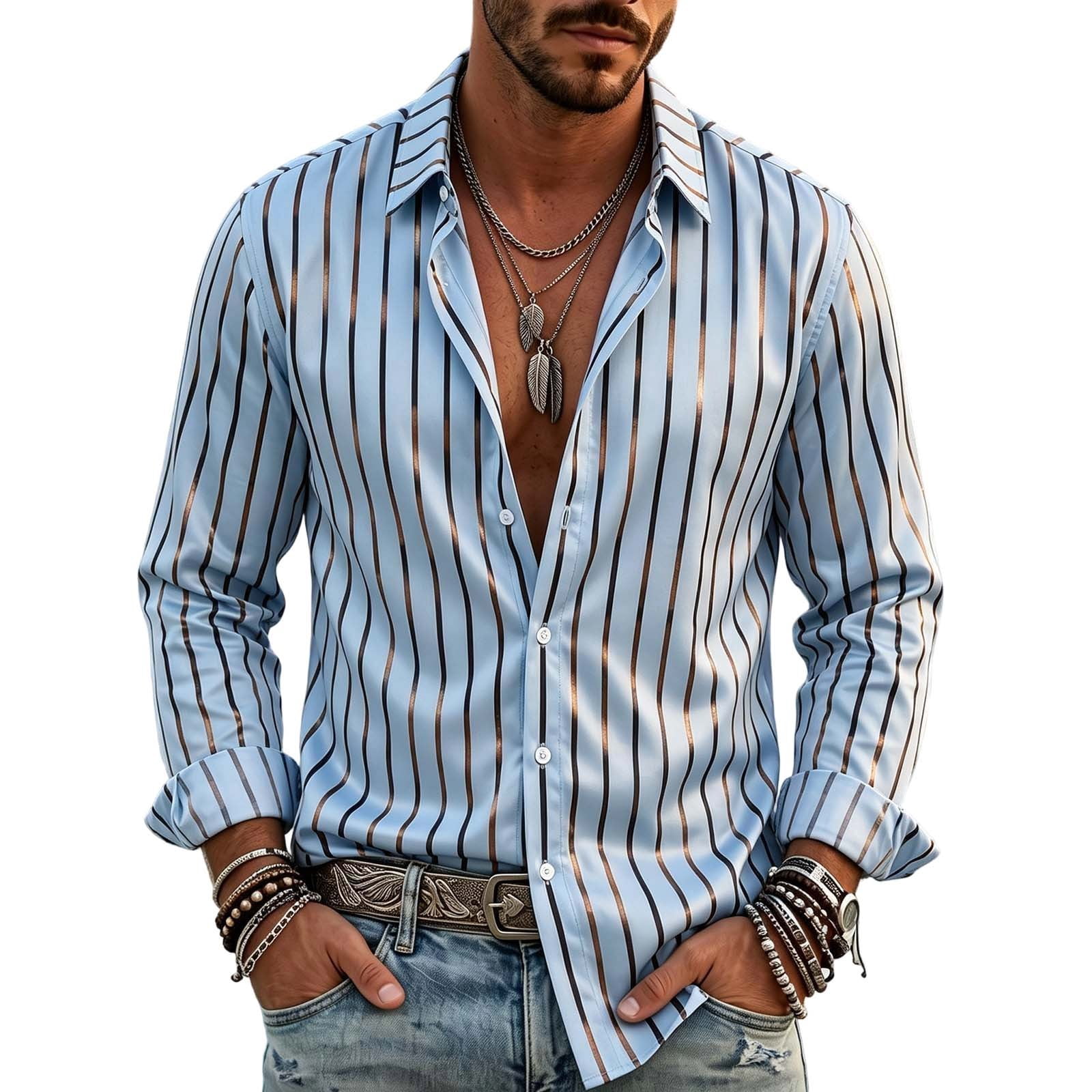 Vertical Course Men's Metallic Striped Button Down Shirt, Long Sleeve Lapel Collar ...