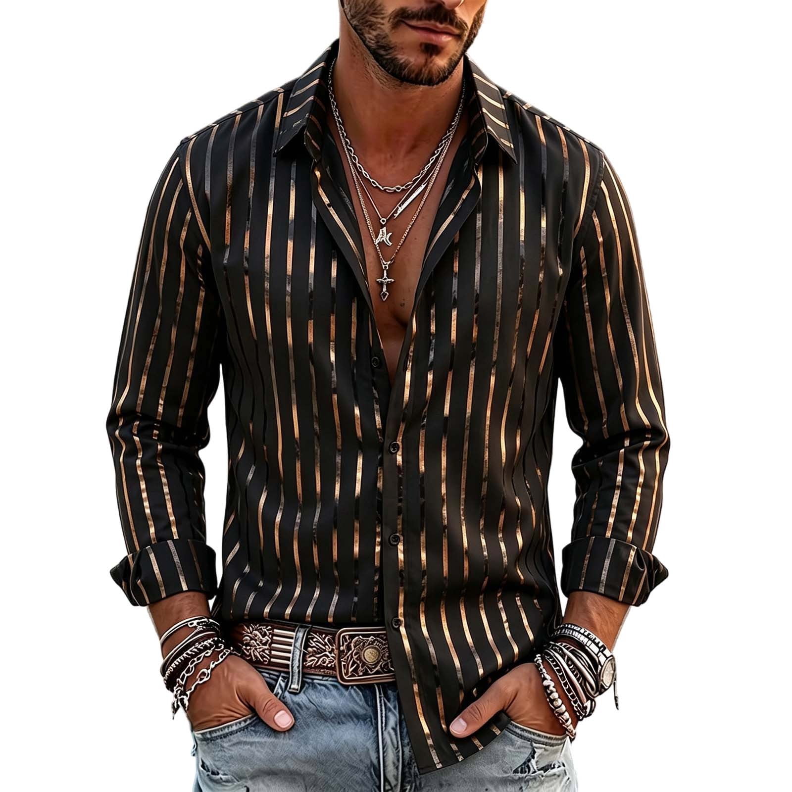 Vertical Course Men's Metallic Striped Button Down Shirt, Long Sleeve Lapel Collar ...
