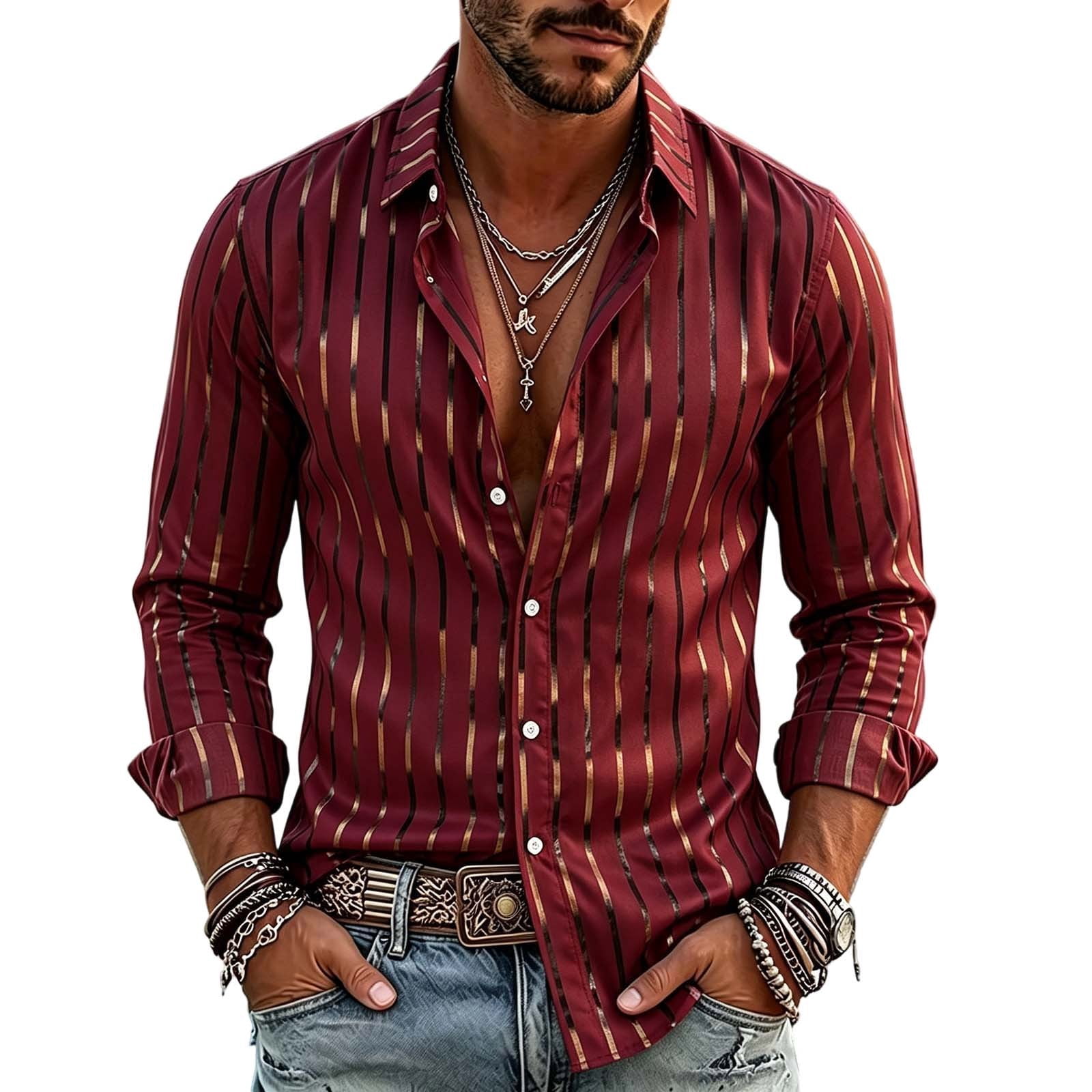 Vertical Course Men's Metallic Striped Button Down Shirt, Long Sleeve Lapel Collar ...