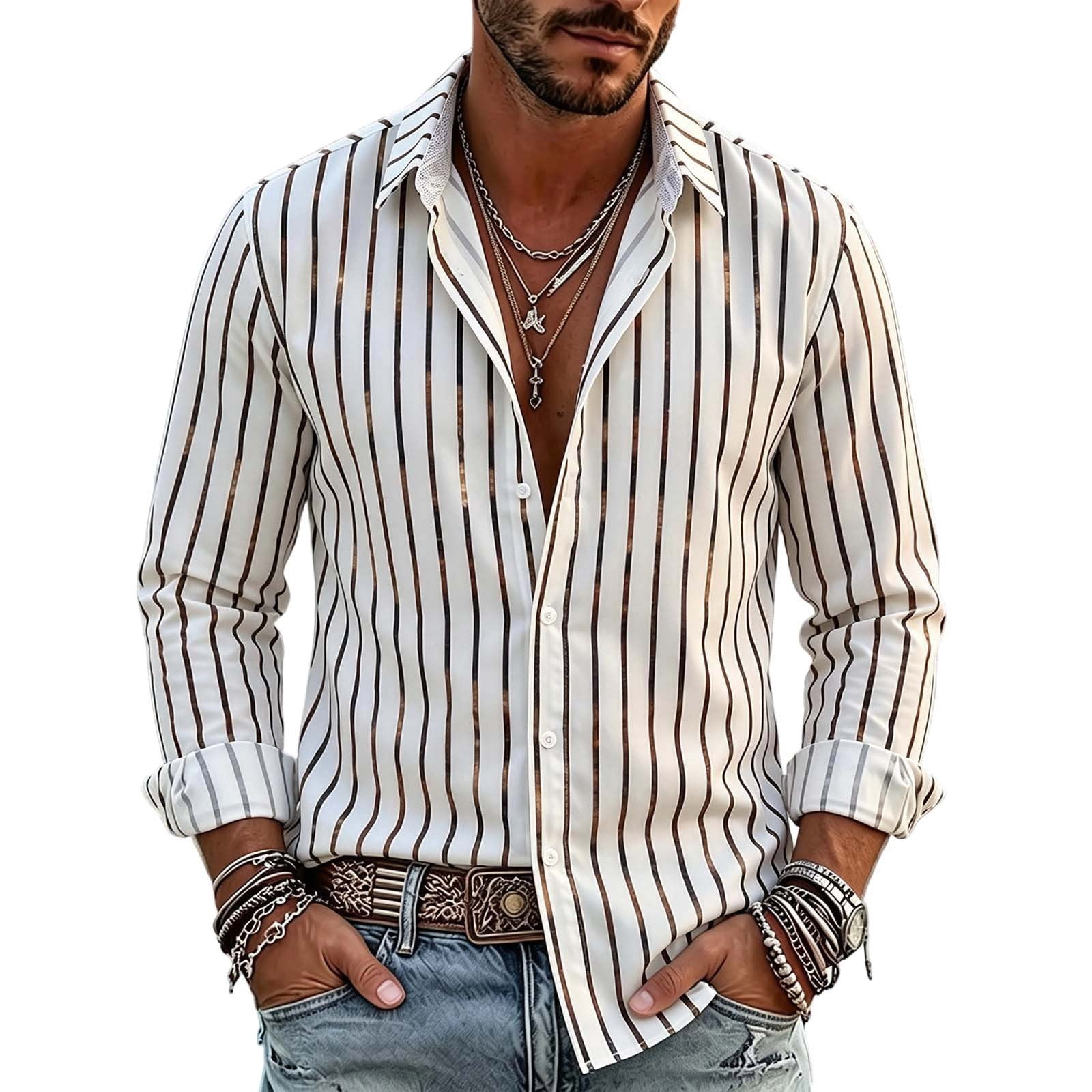Vertical Course Men's Metallic Striped Button Down Shirt, Long Sleeve Lapel Collar ...
