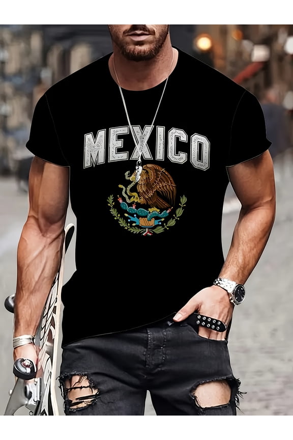 Men's Mexican Eagle & Cactus 3D Graphic T-Shirt with Bold Red Mexico Lettering & Eagle Emblem - Breathable Soft Fabric, Regular Fit Casual Summer Tee for Mexican-Themed Parties, Casual Attire