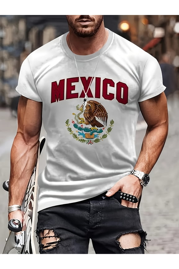 Men's Mexican Eagle & Cactus 3D Graphic T-Shirt with Bold Red Mexico Lettering & Eagle Emblem - Breathable Soft Fabric, Regular Fit Casual Summer Tee for Mexican-Themed Parties, Casual Attire