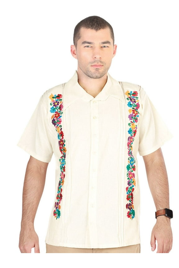 Men's Mexican Embroidered Guayabera Shirt 100% Cotton Beige 603112