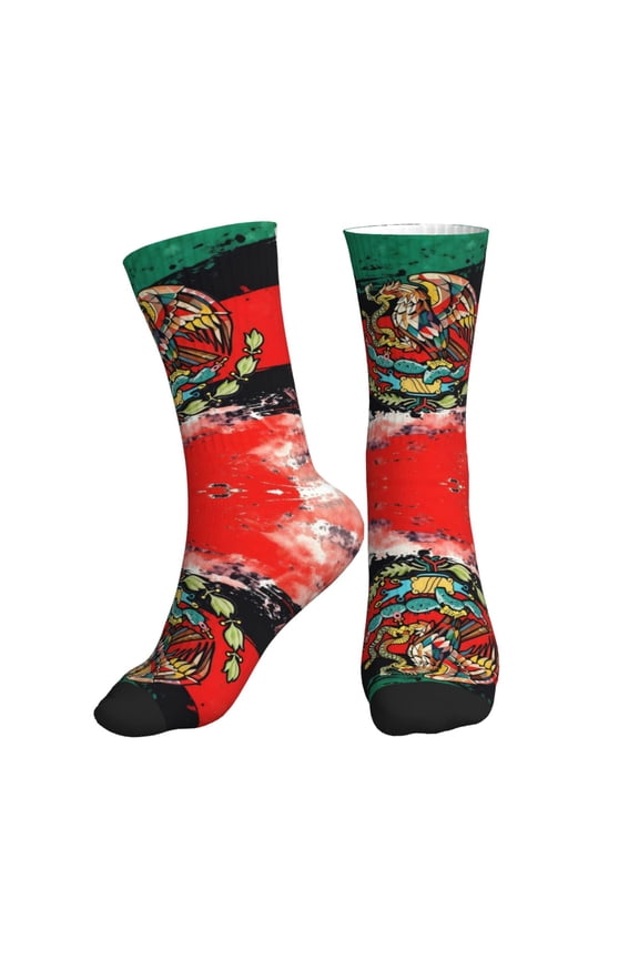 Men's Mexican Flag Pattern Novelty Athletic Socks Women's Digital Printing Funky Patterned Crew Socks