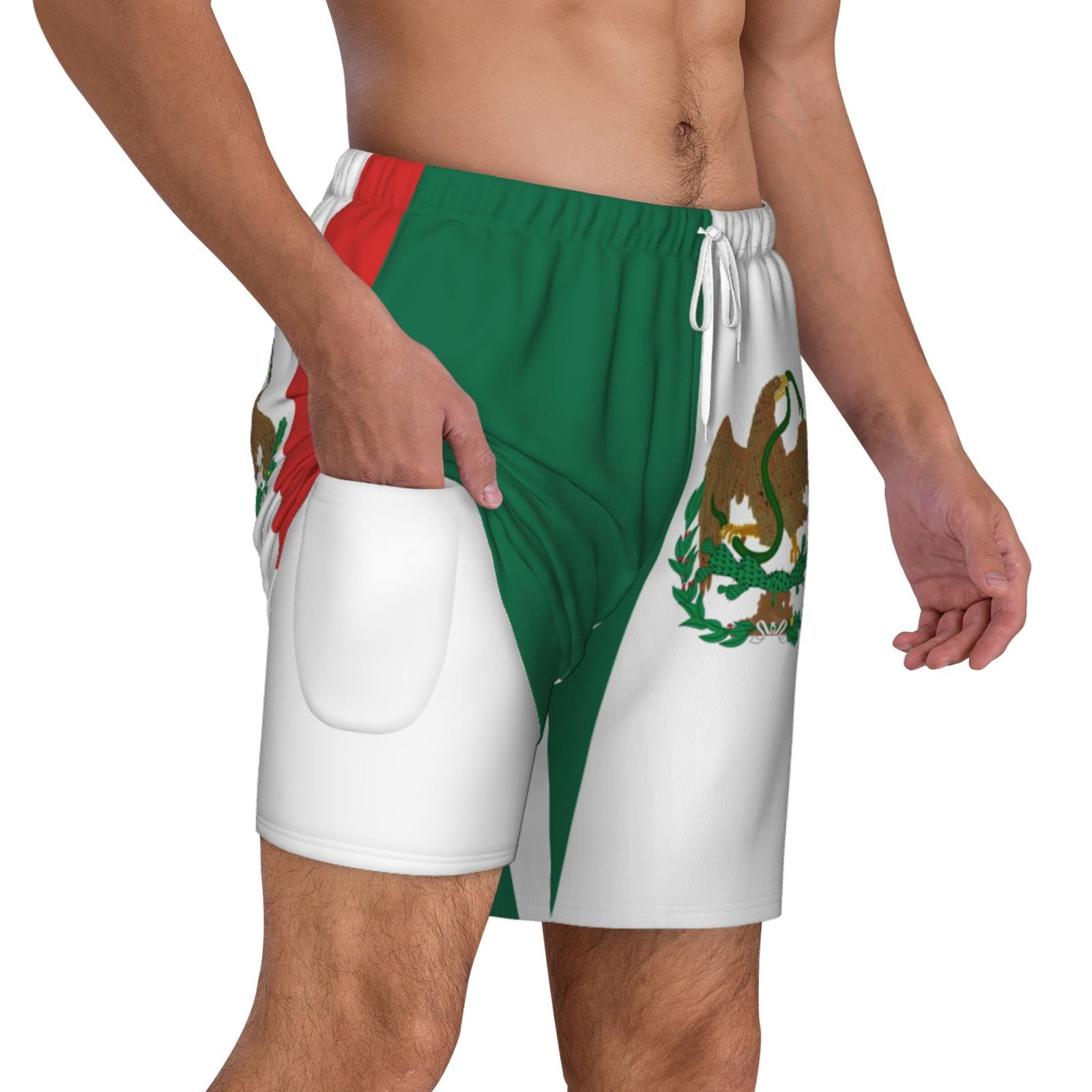 Men's Mexican Flag Swim Trunks with Compression Liner Bathing Suit Swimwear