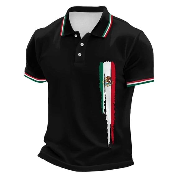 Men's Mexican Short Sleeve Polo Shirt Comfortable Breathable Casual Knit Top,Black,S