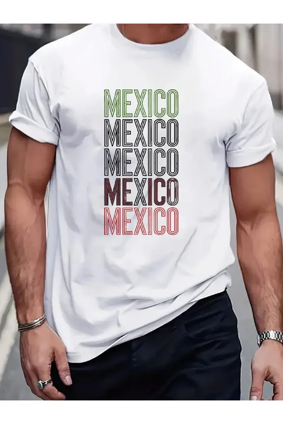Men's Mexico Flag Colors T-Shirt - Mexican Pride Green/White/Red Gradient Print with MEXICO Lettering & National Symbols, Casual Short Sleeve Round Neck Tee for Soccer Fans