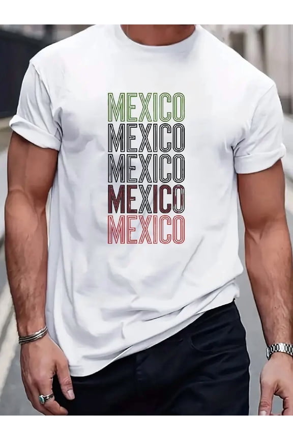 Men's Mexico Flag Colors T-Shirt - Mexican Pride Green/White/Red Gradient Print with MEXICO Lettering & National Symbols, Casual Short Sleeve Round Neck Tee for Soccer Fans