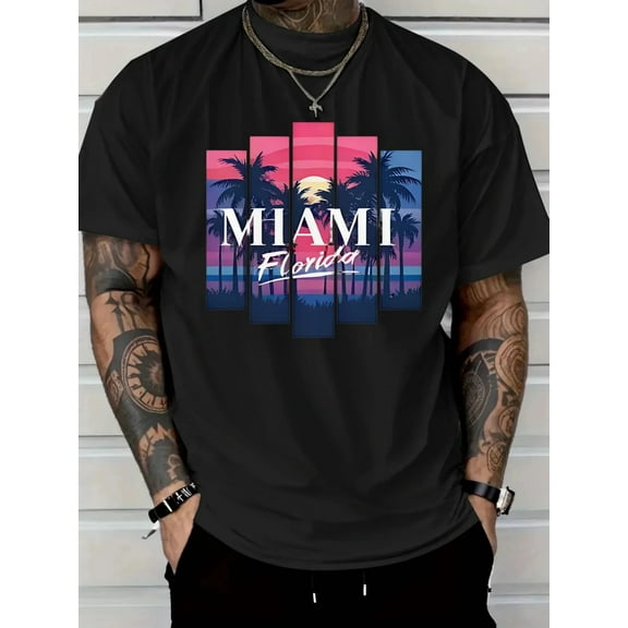 Men's Miami Florida Graphic T-Shirt - 100% Cotton Relaxed Fit Short Sleeve Tee with Sunset Palm Tree Design, Breathable Casual Summer Shirt for Beach Vacations & Holiday Gifts, Beach T Shirt, Vacati