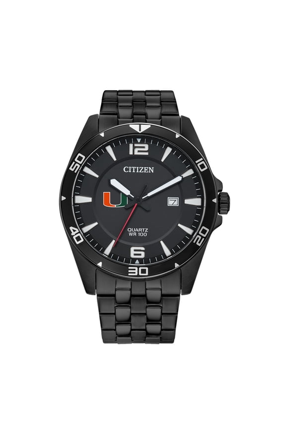 Men's Miami Hurricanes Quartz Black-Tone Stainless Steel Watch