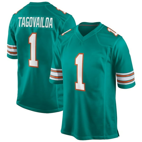 Men's Miami Tagovailoa 1 Aqua Alternate Stitched T-Shirts Sports Player Game Top, 3X-Large