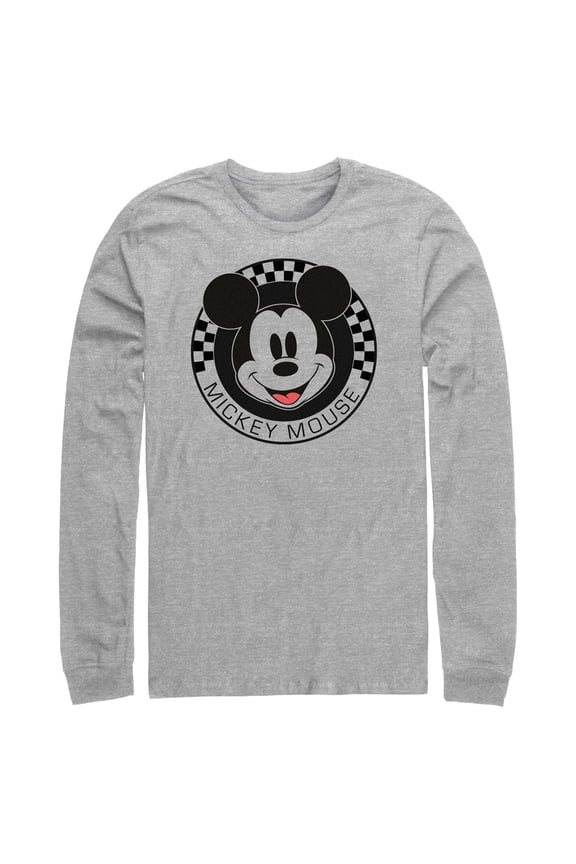 Men's Mickey & Friends Checkered Mickey Mouse Portrait Long Sleeve Shirt Athletic Heather X Large