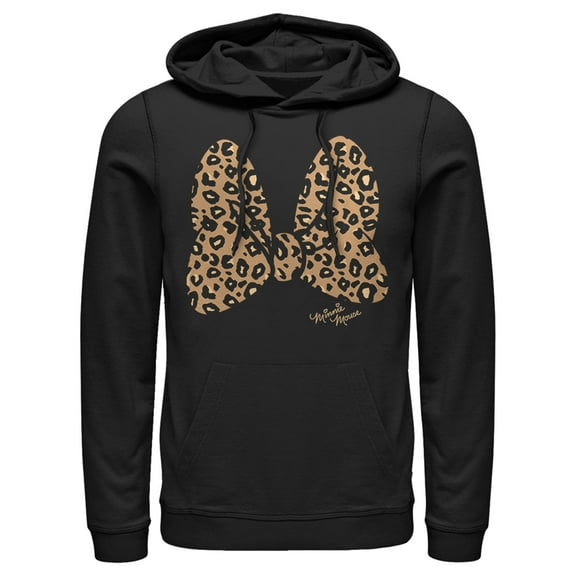 Men's Mickey & Friends Cheetah Print Minnie Mouse Bow  Pull Over Hoodie Black Large