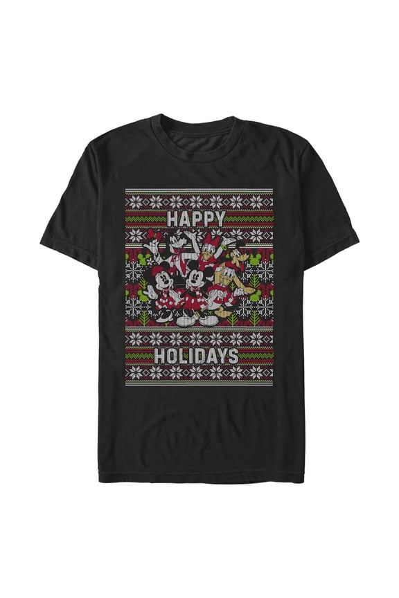 Men's Mickey & Friends Christmas Distressed Group Print Happy Holidays  Graphic T-Shirt